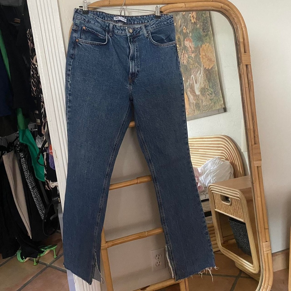 Zara dark blue wash split hem unfinished hem straight cut jeans